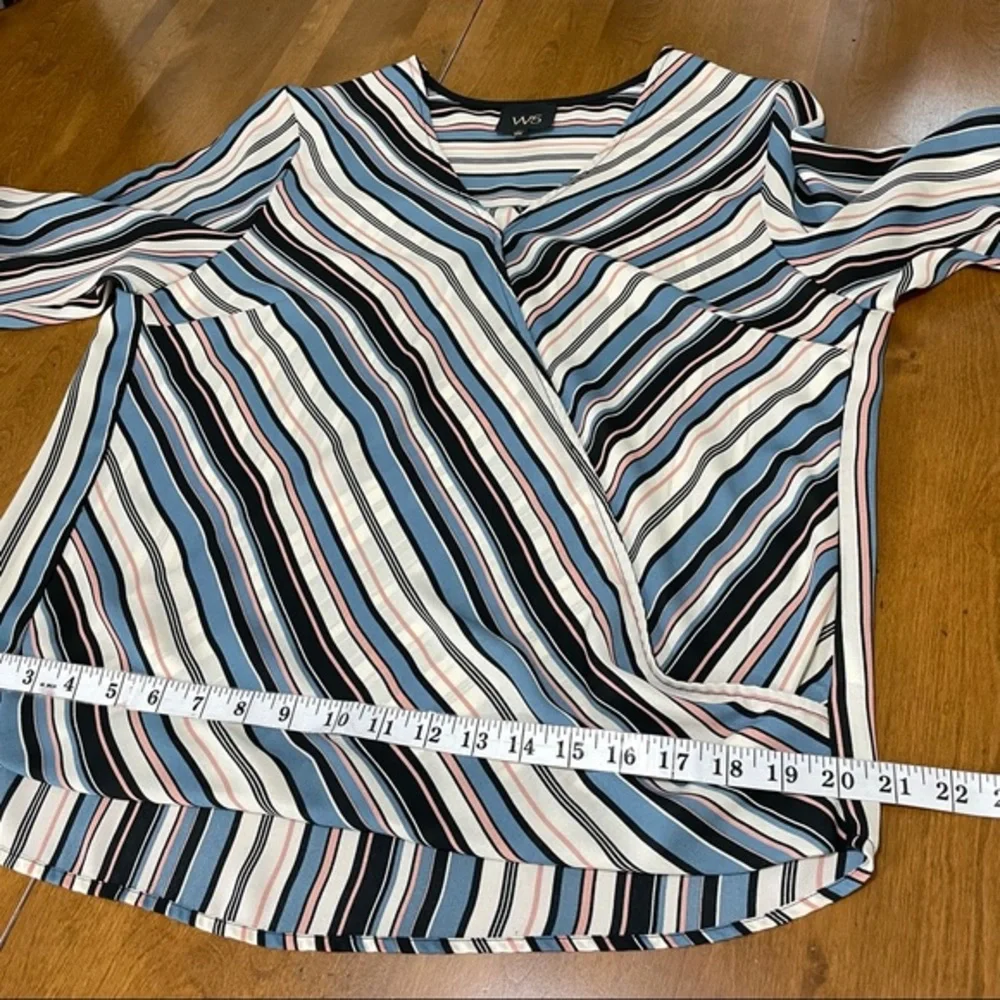 W5 Women’s Blue Stripe Tie Sleeve V‎ Neck Faux Wrap Boho Blouse Top Shirt Size M